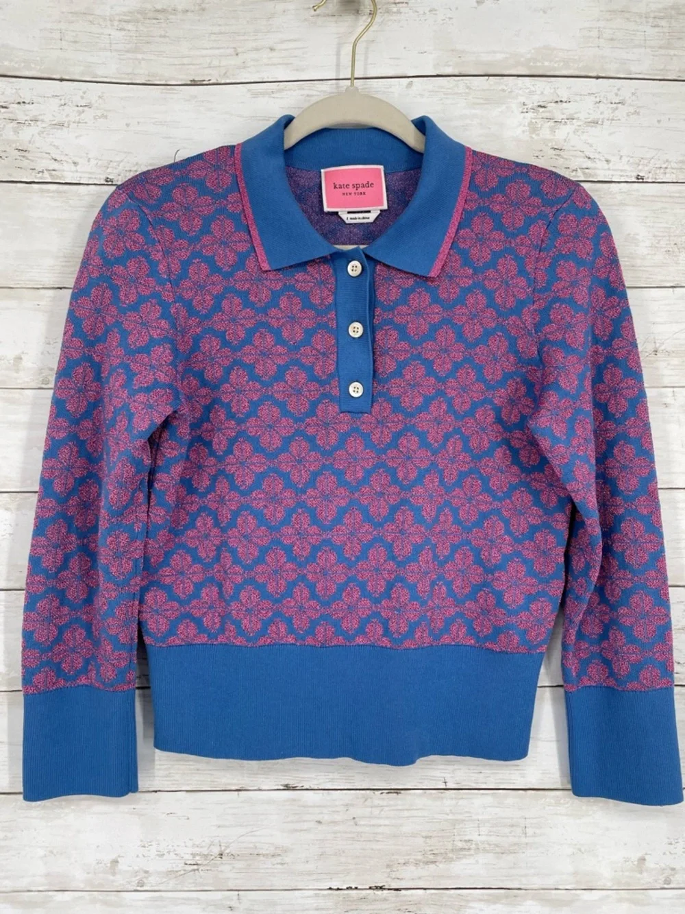 Kate Spade New York Blue & Pink Floral Jacquard Knit Polo Sweater Size Small